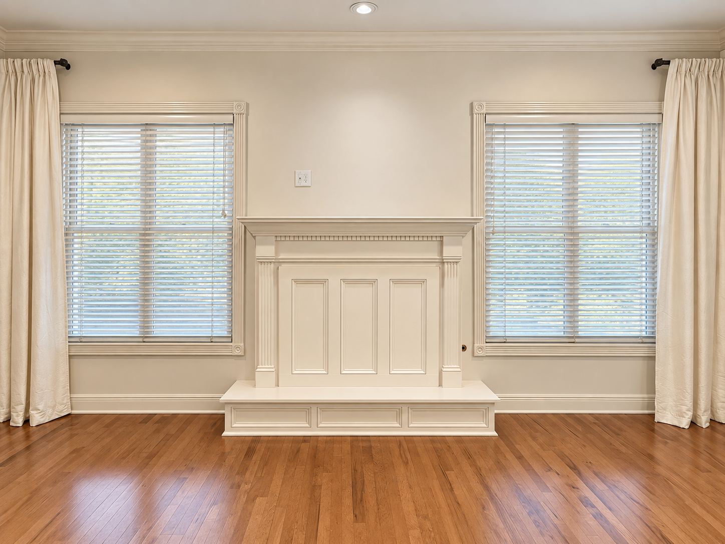 Completed paneled fireplace surround and mantel