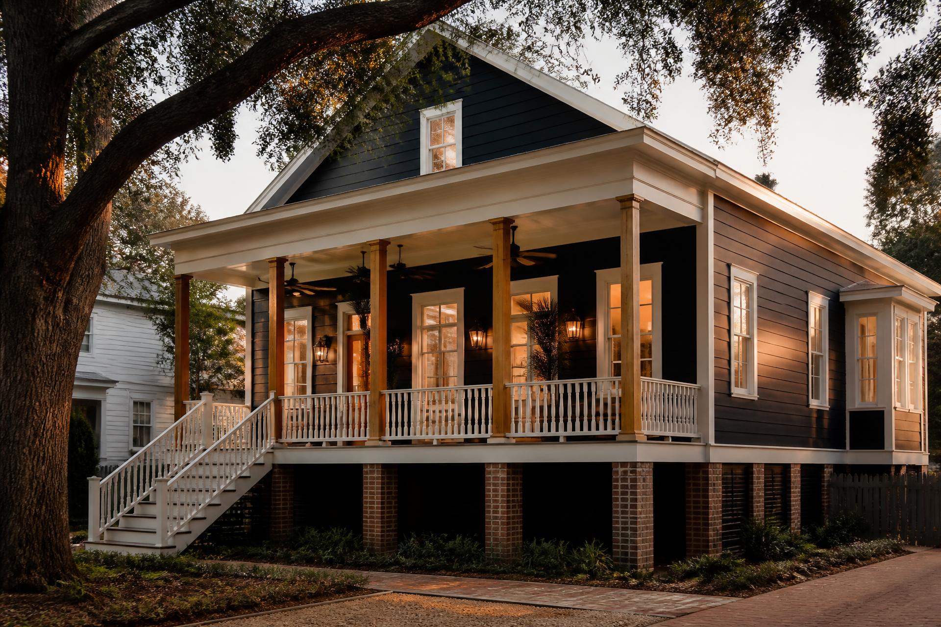 Renovated raised Louisiana home with a wide covered porch at golden hour
